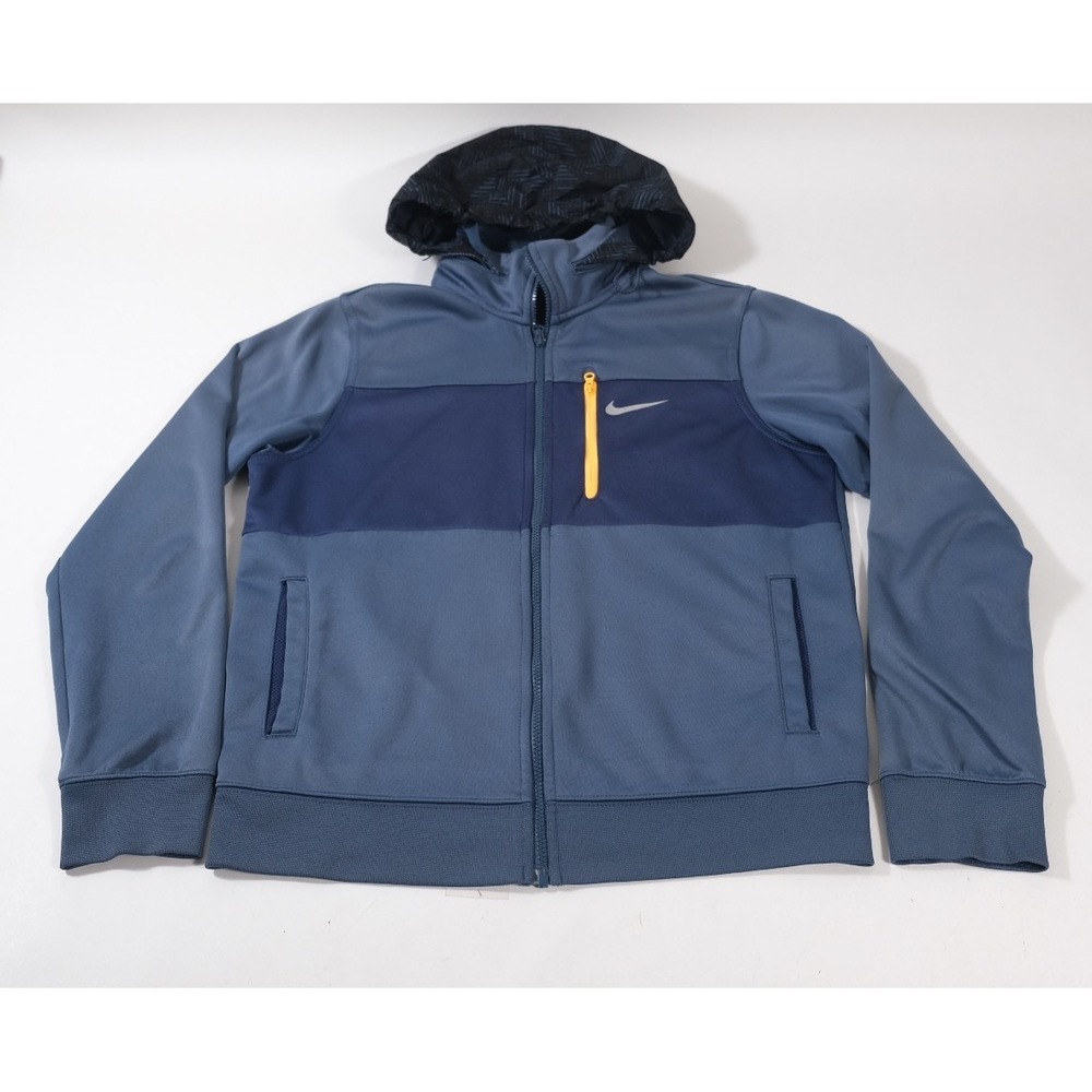 Nike Track Jacket Mens Medium Blue Full Zip Packable Hood Thumbholes Swoosh Logo
